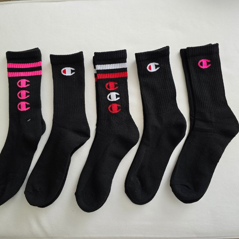 Champion Logo Black Crew Socks Women's 5 Pairs New